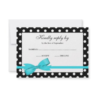 Teal Blue and Black Polka Dot Bow RSVP invitation