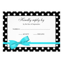 Teal Blue and Black Polka Dot Bow RSVP Custom Invite
