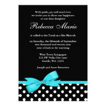 Teal Blue and Black Polka Dots Bow Bat Mitzvah Personalized Announcements