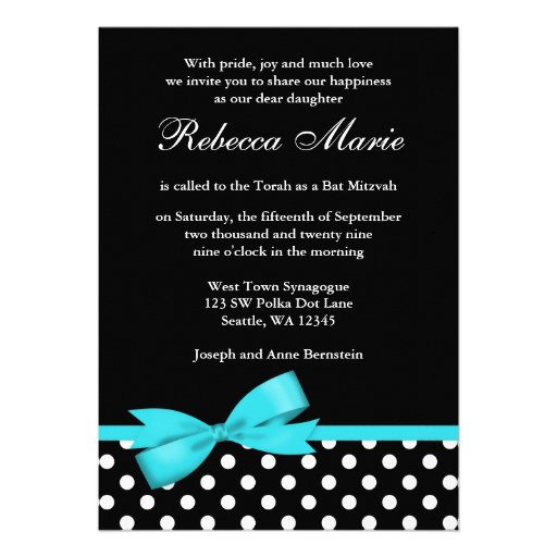 Teal Blue and Black Polka Dots Bow Bat Mitzvah Personalized Announcements (front side)