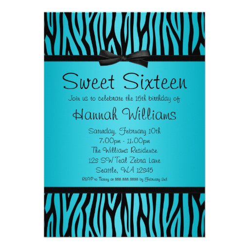 Teal Blue and Black Zebra Bow Sweet 16 Birthday Invite