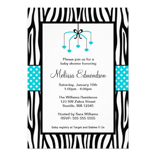 Teal Blue and Black Zebra Heart Mobile Baby Shower Custom Invitations