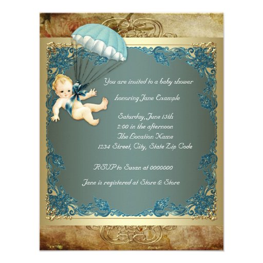 Teal Blue and Gold Boys Vintage Baby Shower Personalized Invites