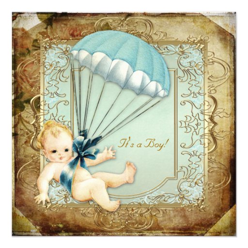 Teal Blue and Gold Boys Vintage Baby Shower Personalized Invitations