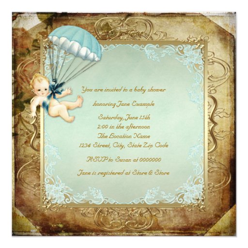 Teal Blue and Gold Boys Vintage Baby Shower Personalized Invitations