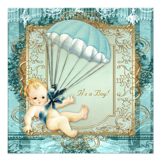 Teal Blue and Gold Boys Vintage Baby Shower Invite