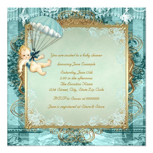 Teal Blue and Gold Boys Vintage Baby Shower Invite