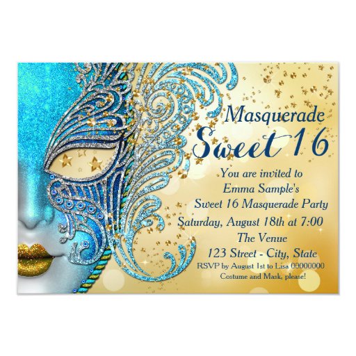 Teal Blue and Gold Sweet 16 Masquerade Party Personalized Invitation (front side)