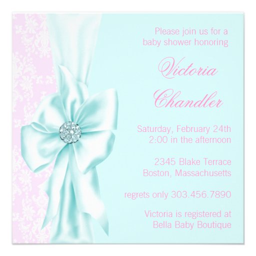 Teal Blue and Pink Damask Baby Girl Shower Invitation