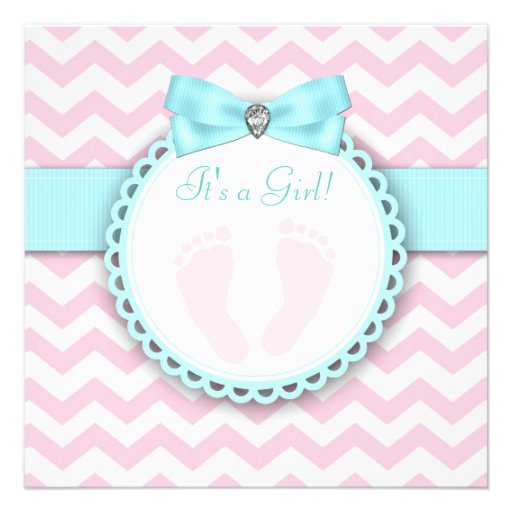 Teal Blue and Pink Footprint Baby Girl Shower Custom Invitations