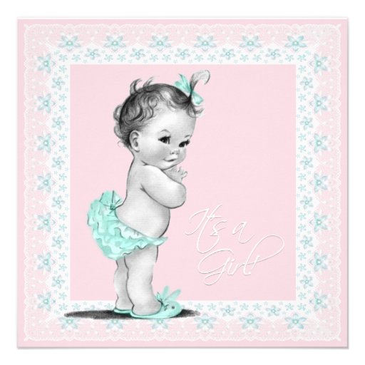 Teal Blue and Pink Vintage Baby Girl Shower Custom Announcement