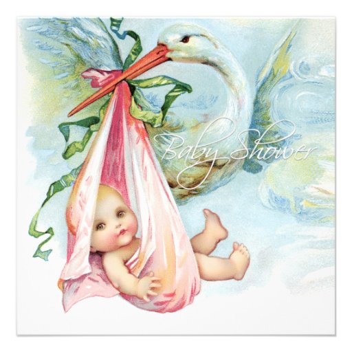 Teal Blue and Pink Vintage Stork Baby Shower Invitation