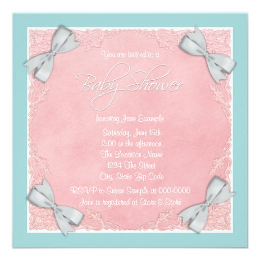 Teal Blue and Pink Vintage Stork Baby Shower Invitation