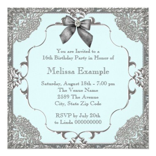 Teal Blue and Silver Photo Sweet 16 Birthday Party Invitations