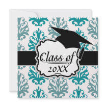 teal blue and slate blue damask graduation announcement