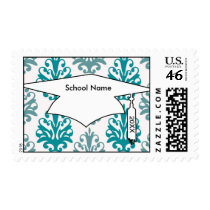 teal blue and slate blue damask graduation postage stamps