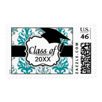 teal blue and slate blue damask graduation postage stamps