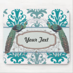 teal blue and slate blue damask peacocks mouse pads