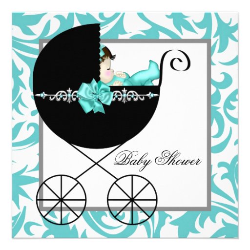 Teal Blue Baby Carriage Baby Shower Invitations