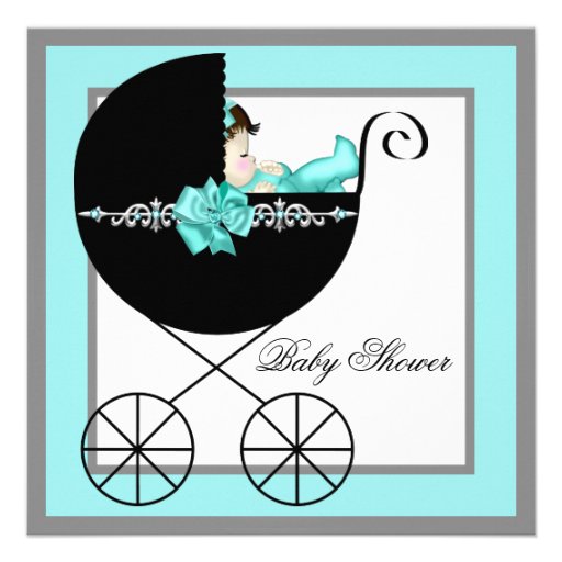 Teal Blue Baby Carriage Baby Shower Invitations