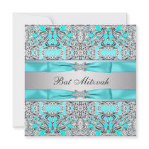 Teal Blue Bat Mitzvah Personalized Invitations