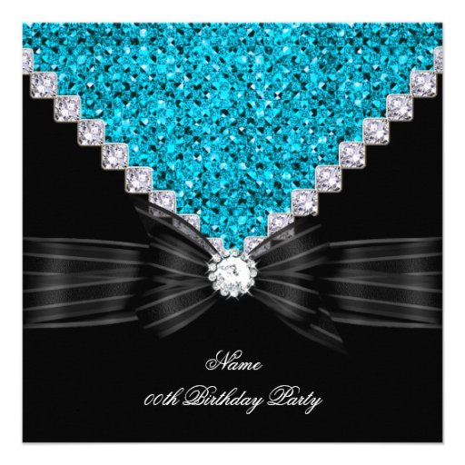 Teal Blue Birthday Party Black Glitter Diamond Invites