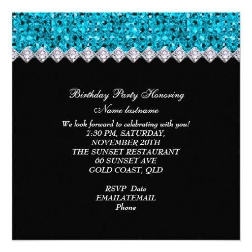 Teal Blue Birthday Party Black Glitter Diamond Invites