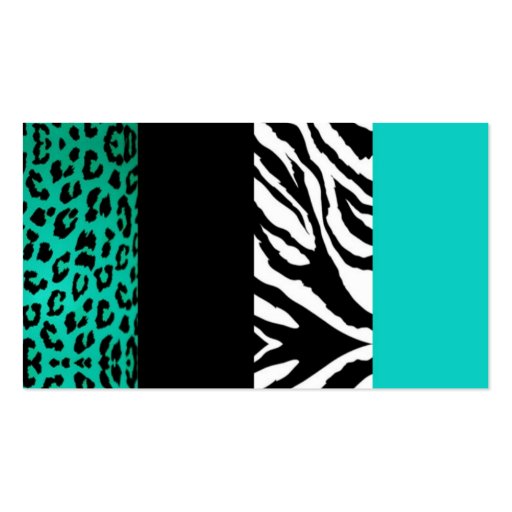Teal Blue & Black Animal Print Zebra and Leopard Business Card (back side)
