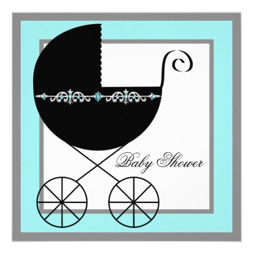 Teal Blue Black Carriage Baby Shower Invitations (front side)