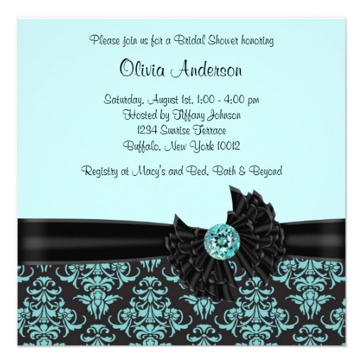 Teal Blue Black Damask Bridal Shower Personalized Announcement