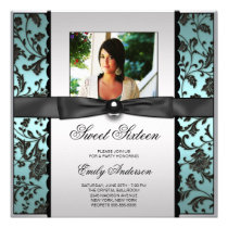 Teal Blue Black Damask Photo Sweet 16 Party invitations