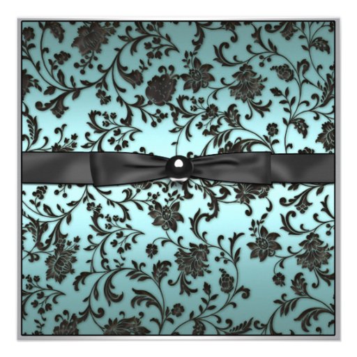 Teal Blue Black Damask Photo Sweet 16 Party Announcement