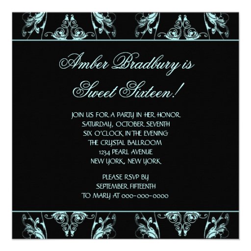 Teal Blue Black Damask Sweet 16 Party Personalized Announcement