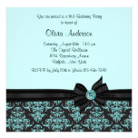 Teal Blue Black Damask Sweet 16 Party Custom Invitation