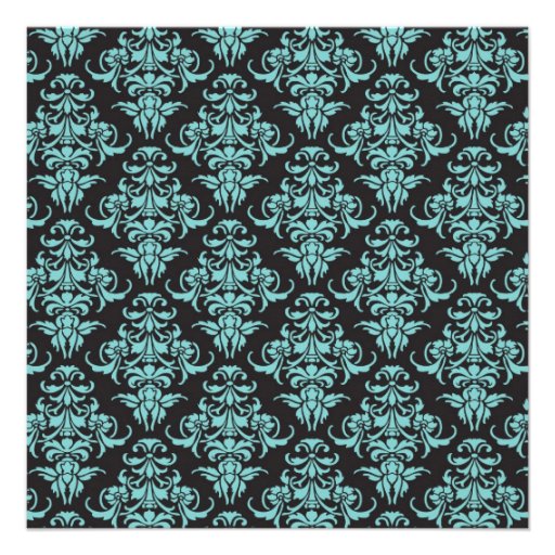 Teal Blue Black Damask Sweet 16 Party Custom Invitation