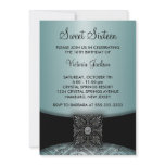 Teal Blue Black Damask Sweet Sixteen Party Announcement