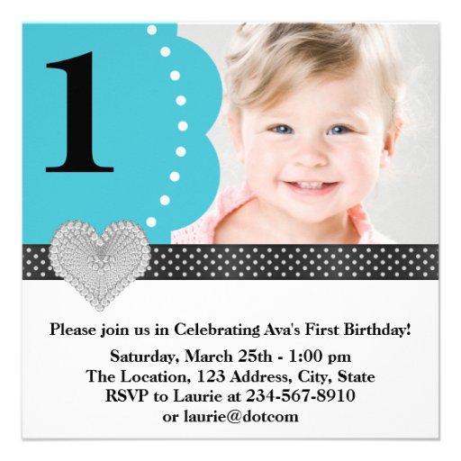 Teal Blue Black Girls Photo 1st Birthday Party Personalized Announcement