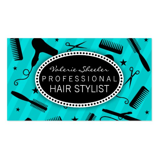 Teal Blue & Black Hair Salon Tools Business Cards (front side)