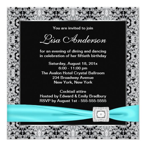 Teal Blue Black Lace Womans 50th Birthday Party Custom Invitations