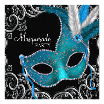Teal Blue Black Masquerade Party Invites