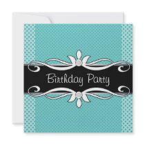 Teal Blue Black Polka Dot Womans Birthday Party Invitations