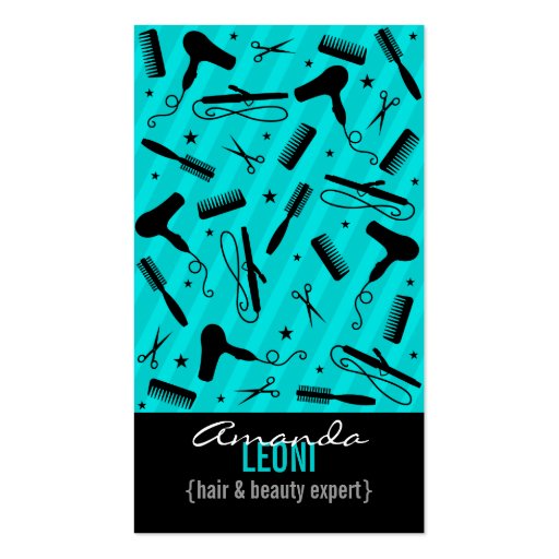 Teal Blue & Black Salon Tools Vertical Business Card Template (front side)