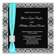 Teal Blue Black Silver Lace Classy Wedding Custom Announcements
