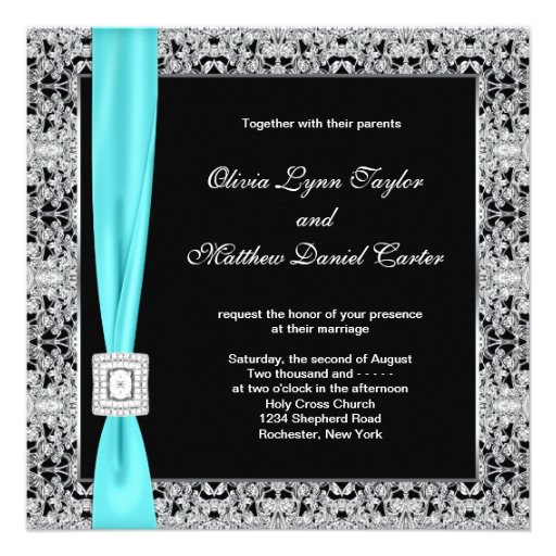 Teal Blue Black Silver Lace Classy Wedding Custom Announcements