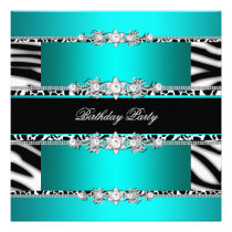 Teal Blue Black Zebra White Jewel Birthday Party invitations