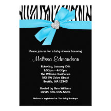 Teal Blue Bow Diamond Heart Zebra Baby Shower Announcements