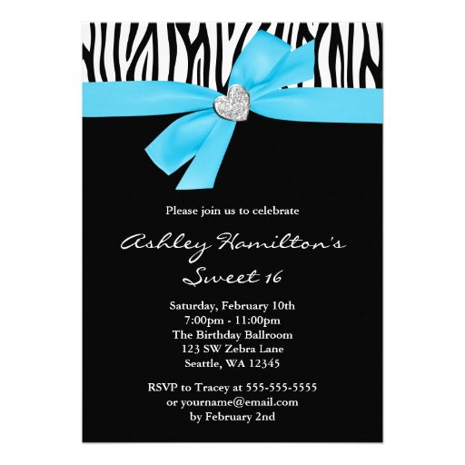 Teal Blue Bow Diamond Heart Zebra Sweet 16 Announcements