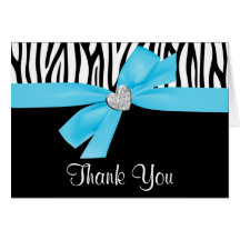 Teal Blue Bow Diamond Heart Zebra Thank You Greeting Card