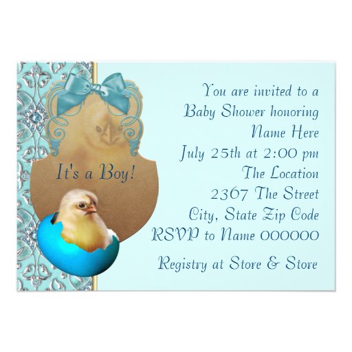 Teal Blue Boys Baby Chick Shower Invitations