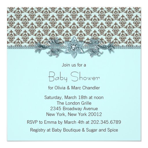 Teal Blue Brown Damask Baby Shower Invitations